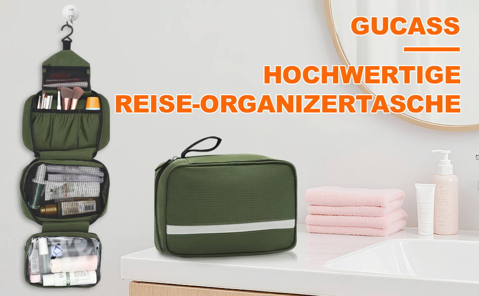 Чоловіча та жіноча косметичка для подорожей з відділеннями, водонепроникна, з гачком, зелена