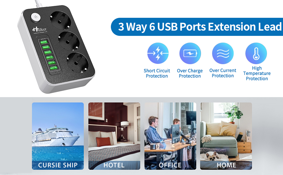 Багатофункціональна мережева розетка HULKER з USB, захист від перенапруги, 1.6 м, універсальна
