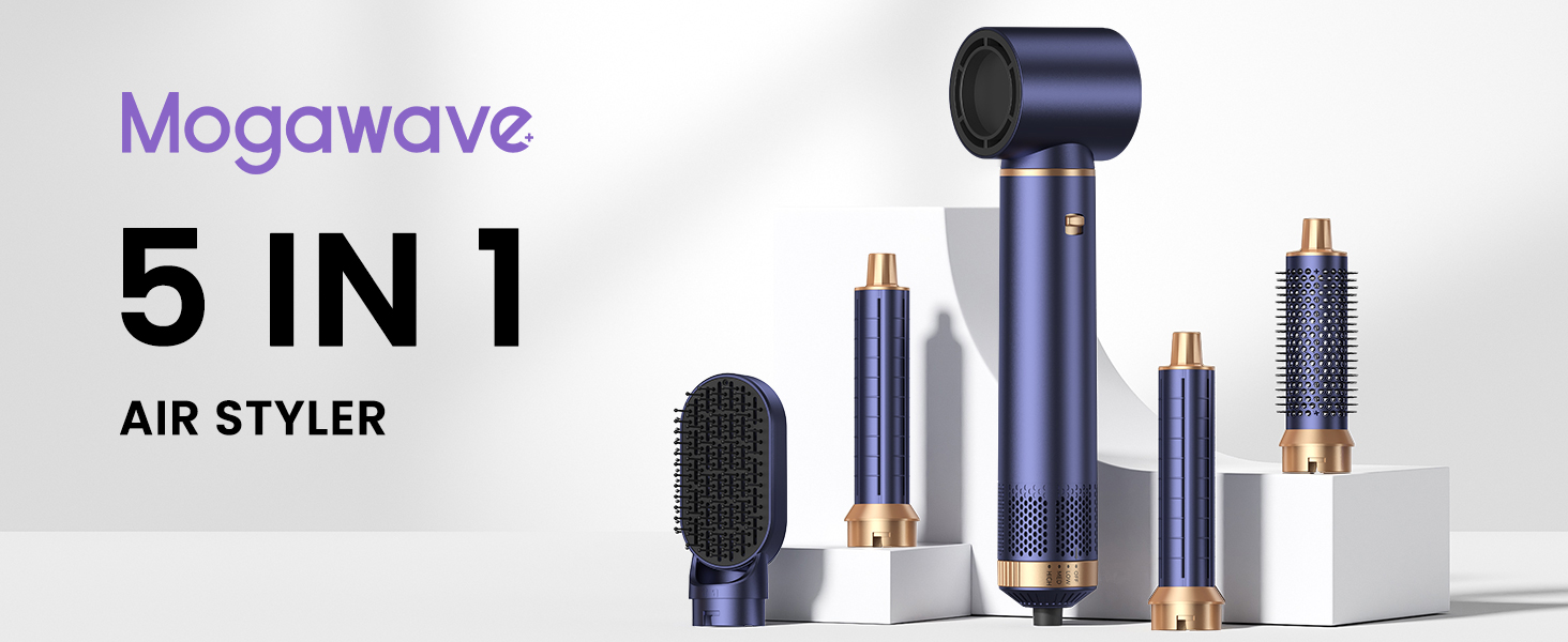 Фен-щітка 5 в 1 Airstyler Pro 1000W з регулюванням напрямку повітря, іонізація, для створення об'єму, локонів та укладання волосся, Blaugold