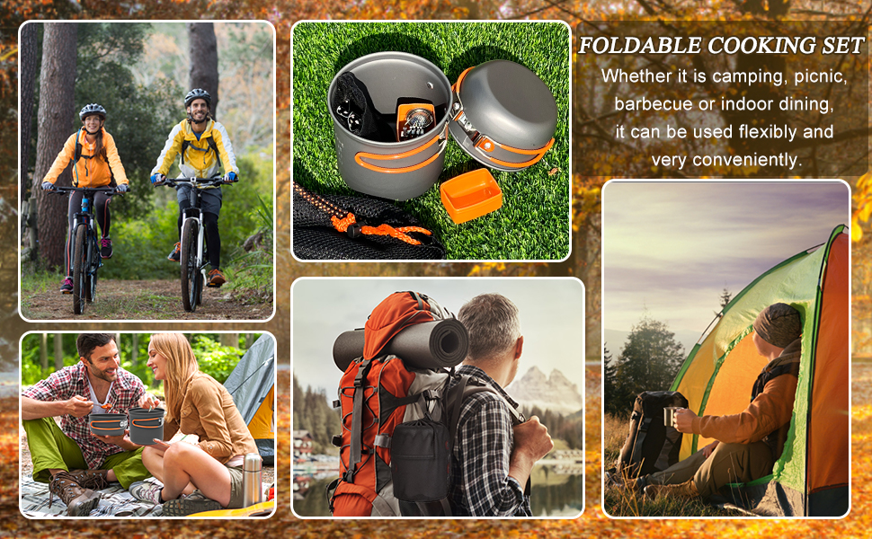 Набір посуду для кемпінгу Biliple 8-piece: каструля, сковорідка, газовa плитка, столові прибори для 1-2 осіб. Ідеально для пікніків, походів та кемпінгу.