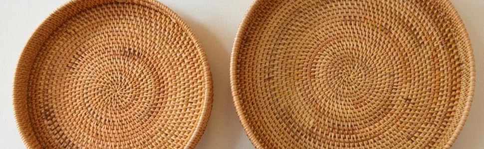 Кругле плетене ратанове сервірувальне піднос з ручками, декоративне для кавового столика, османський стиль, натуральний, 34×7 см