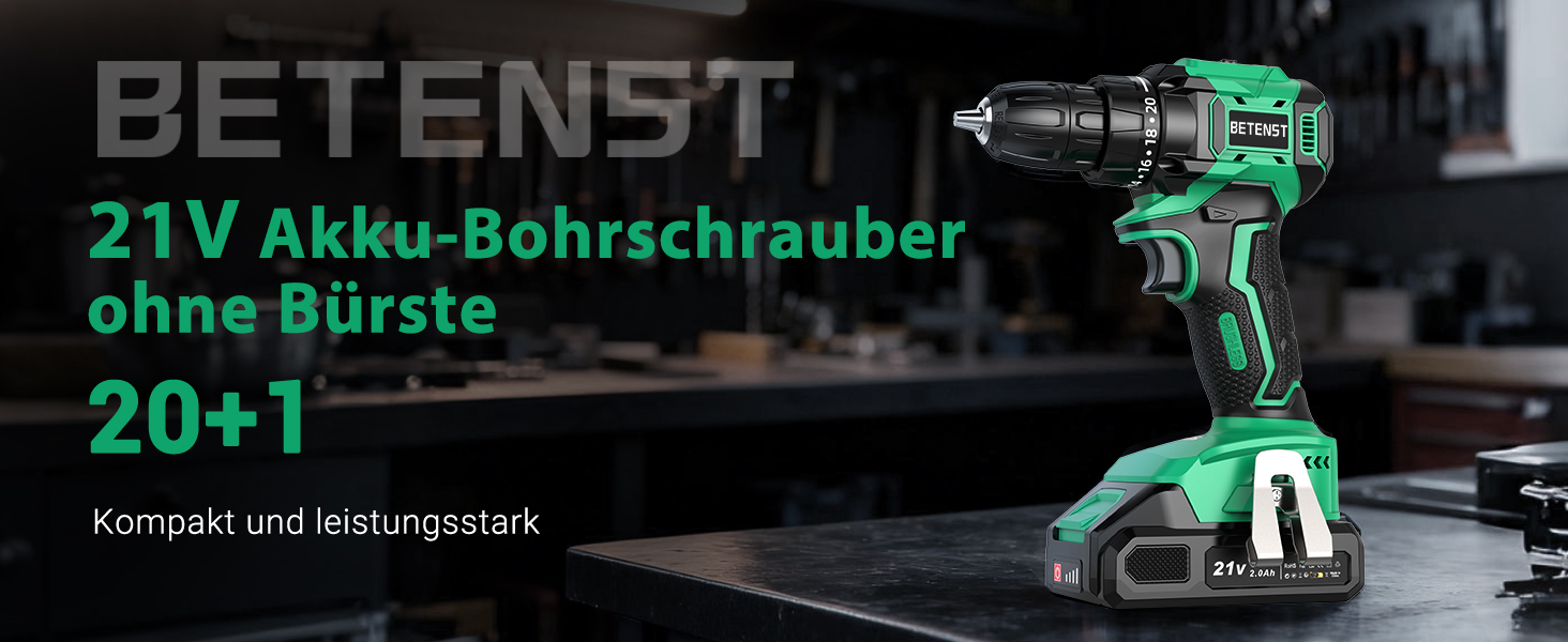 Акумуляторний шуруповерт безщітковий 21V BETENST з акумулятором 2.0Ah, 45Nm, 20 моментів, патрон 10mm, 2 швидкості, 20-ти елементний набір для дому, саду та DIY проектів (зелений)
