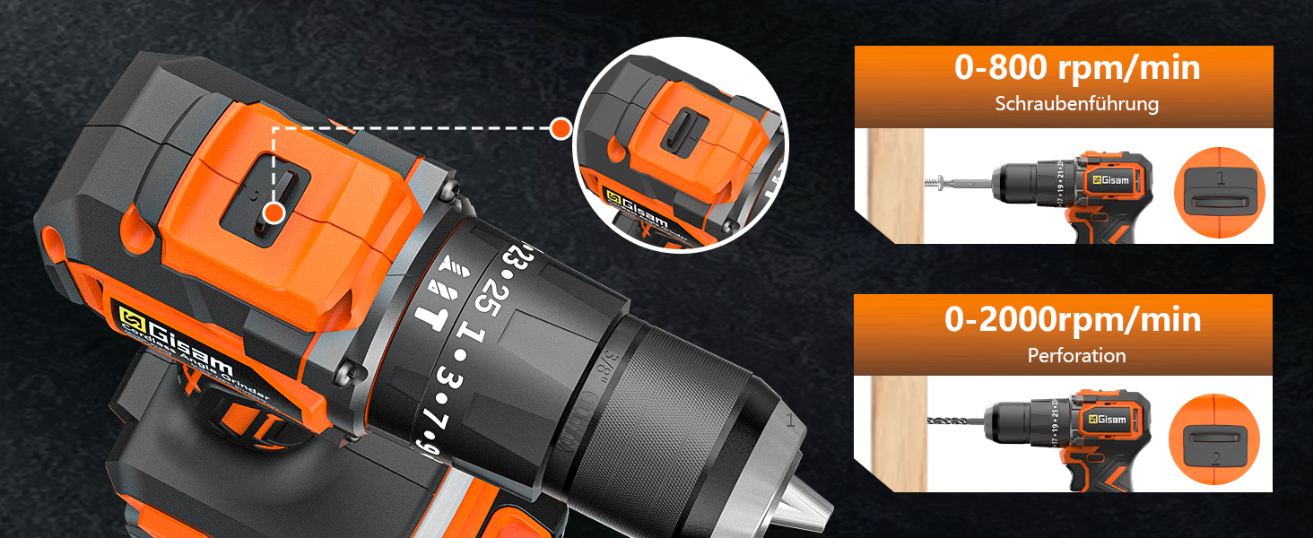 Акумуляторний шурупокрут/дрель 21V з набором 2 акумуляторів, 1200W двигун Brushless, 75Nm, 25+3 рівня крутного моменту, патрон 13мм, 2 швидкості, LED, 29-ти елементний набір для дому, саду та DIY-проектів помаранчевого кольору