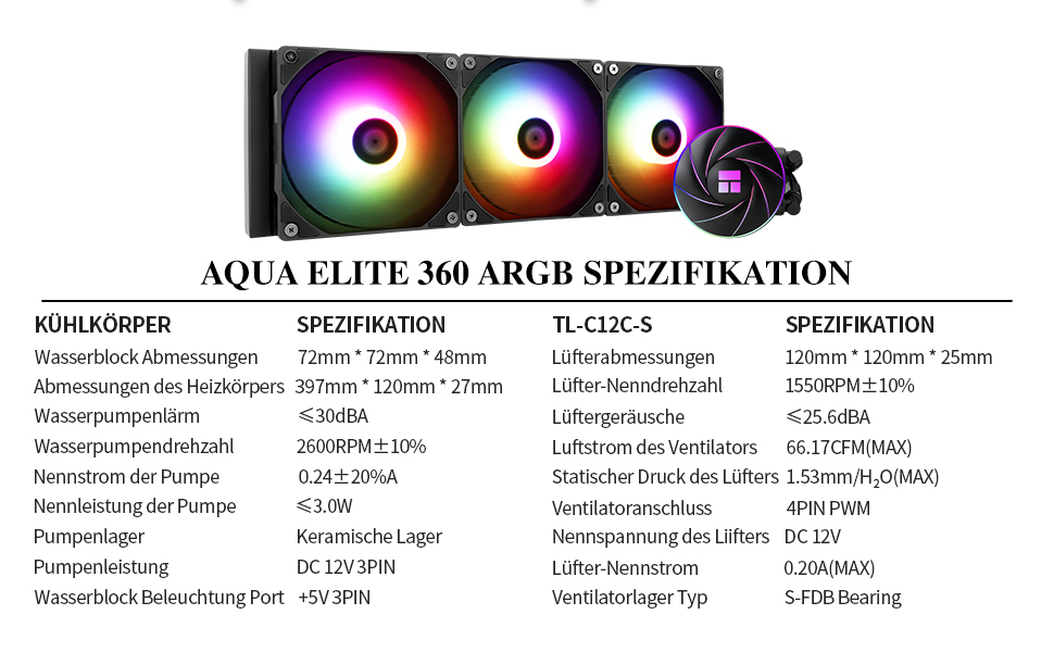 TR AQUA Elite 360 ARGB: водяне охолодження CPU з 3 вентиляторами PWM, 1550RPM, для AMD/Intel