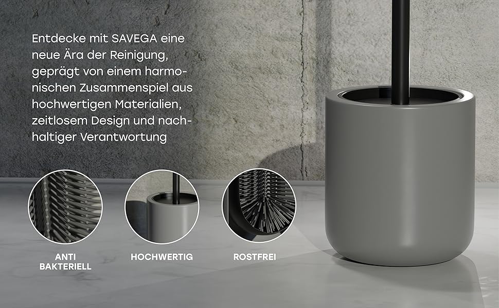 Набір для туалету SAVEGA: щітка для унітазу з нержавіючої сталі та силікону з антибактеріальною насадкою та тримачем (сірий)