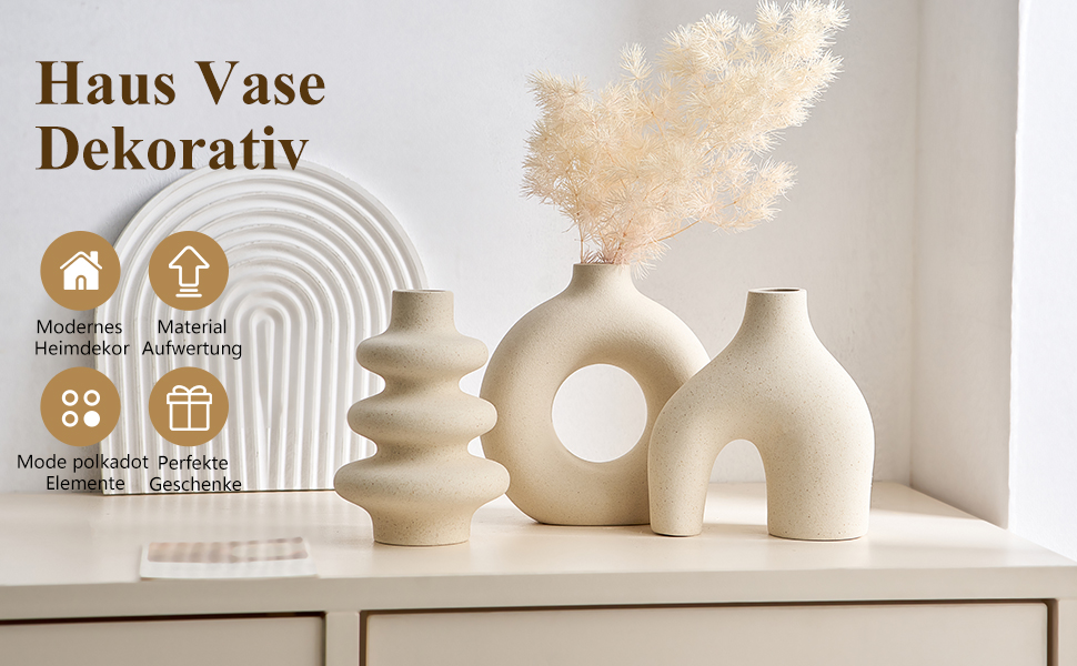 Set of 3 Ceramic Vases for Pampas Grass - Modern Round Decorative Vases for Home Decor, Wedding Centerpieces
