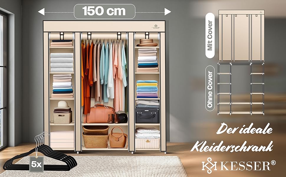 KESSER® Wardrobe Clothes Rack Stable with Clothes Rail & Shelves, Incl. 5x Clothes Hangers, Fabric Folding Wardrobe for Bedroom, Dressing Room Clothes Rack 150x45x175cm (Beige)