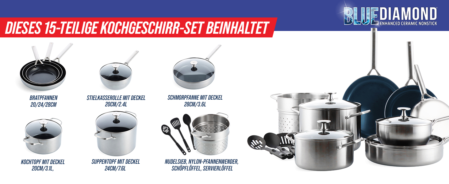 Набір посуду Blue Diamond Cookware 15 предметів: сковороди, каструлі з нержавіючої сталі з алмазним покриттям, антипригарні, індукційні, придатні для миття в посудомийній машині та духовці, без PFAS, багатошарові, срібні