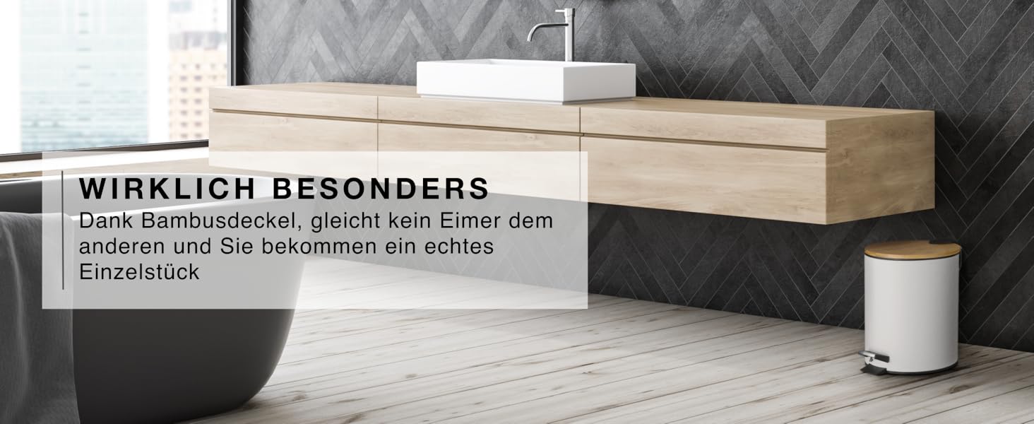 Смітник для косметики VMbathrooms з педаллю та бамбуковою кришкою, Soft-Close, 5 л, білий — для ванної кімнати та туалету