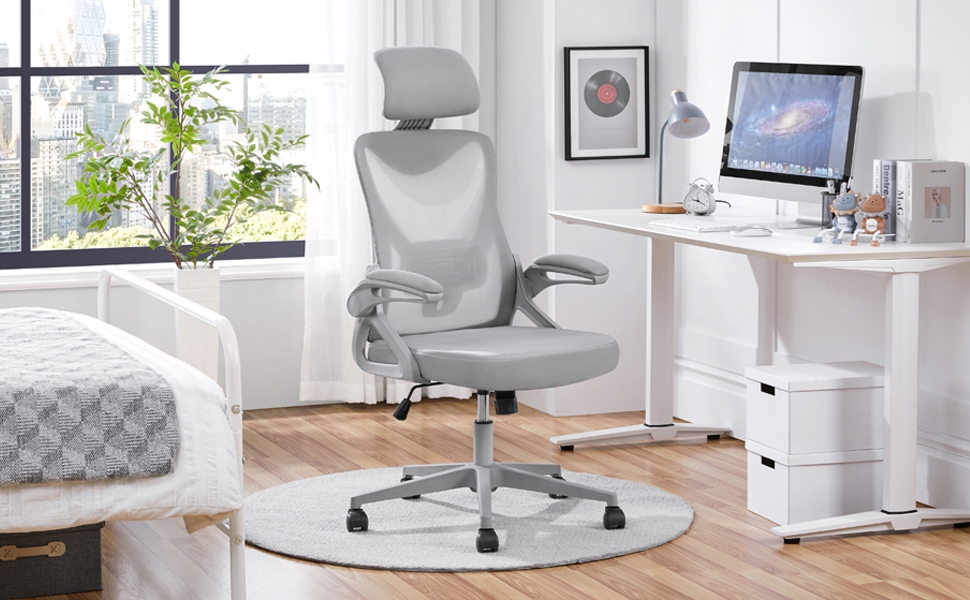 Ергономічне крісло Yaheetech для офісу з підйомними підлокітниками, регульованою підголівником та функцією гойдання, до 136 кг, сіре