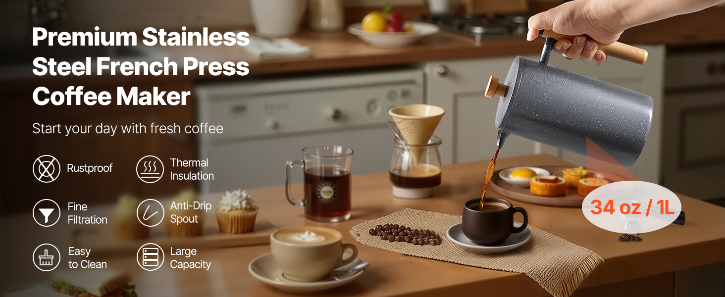 VEVOR Френч-прес для кави, 1 л, нержавіюча сталь, кавова преса, чайник з фільтром, ізольований, для кемпінгу, подорожей, кухні, ресторану, чорний