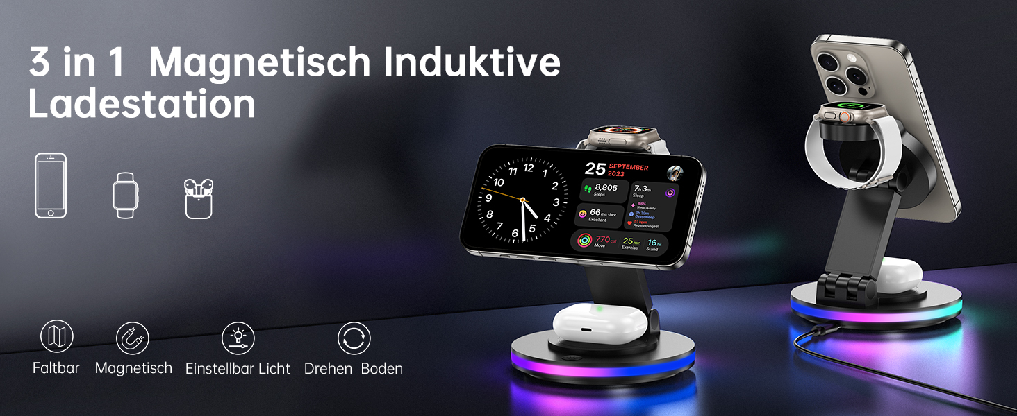 Зарядний пристрій MagSafe 3-в-1 для Apple Watch та iPhone, складний, поворотний з регулюванням світла, бездротовий зарядний стан MagSafe для iPhone 16/15/14, AirPods (без адаптера) - Чорний