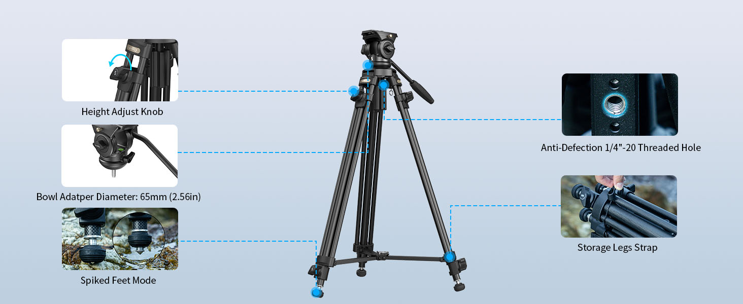 SMALLRIG штатив відео 158 см з fluid-головкою 360°, легкий штатив для камери з алюмінієвого сплаву, QR-плата, підйомний трос, для DSLR, відеокамер, 5 кг, AD-50Lite - 4684