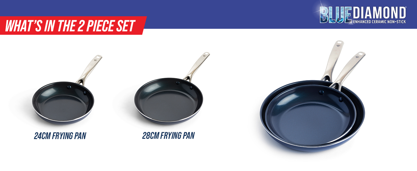 Набір сковорідок Blue Diamond Cookware Diamant, 2 шт. (24 см та 28 см), керамічне антипригарне покриття, без PFAS, для всіх плит (включно з індукцією), можна мити в посудомийній машині, термостійкий