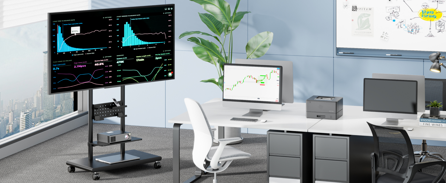 Підставка для телевізора на колесах, 50-90 дюймів, до 70 кг, регульована висота та нахил, з полицями, VESA 600x400 мм