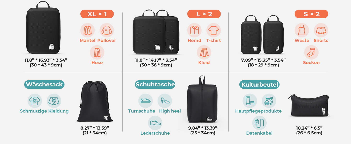 Набір кубиків-органайзерів для валізи (8 шт.) - кубики для подорожей, компресійні мішки, водонепроникні, чорні