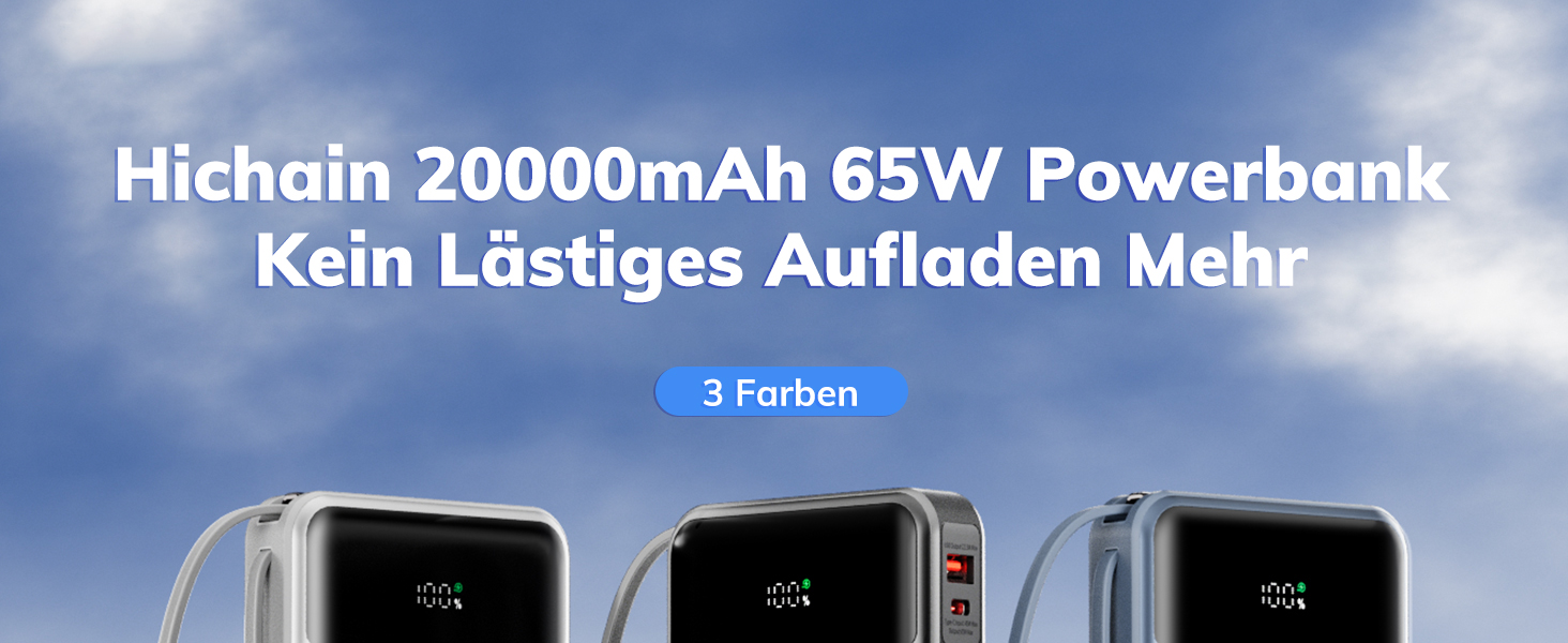 Power Bank Hichain 65W 20000mAh USB-C з кабелем, LED-дисплей, для MacBook, iPhone, Samsung, iPad, планшетів - Синій