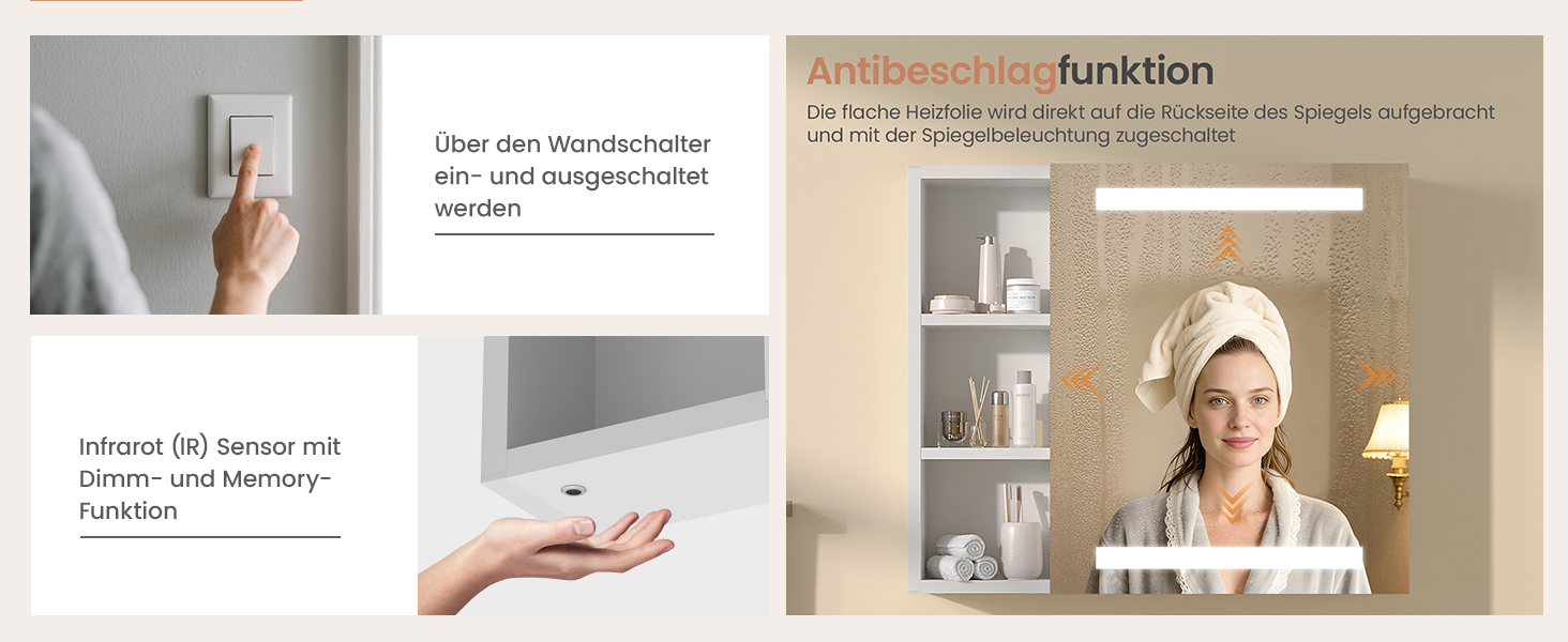 Дзеркальна шафа для ванної кімнати AQUABATOS з розеткою та підсвічуванням LED, 50x70 см, шафа для ванної кімнати, дзеркало з інфрачервовим сенсором, регулювання яскравості, антизапарювання, холодне біле світло
