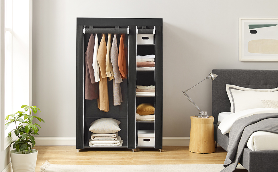 Тканинна шафа SONGMICS XL з вішалкою, складана, для одягу, 110x175x45 см, чорна, LSF007, органайзер для зберігання, кемпінг