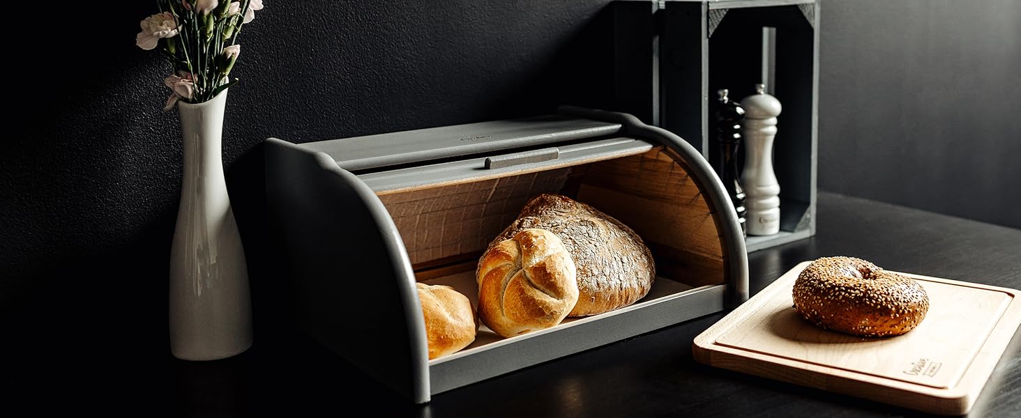 Дерев'яний хлібний ящик Creative Home | 38 x 28,5 x 17,5 см | Для хліба, булок, випічки | З відкидним кришкою | Натуральний хлібний контейнер для кухні (Сірий)