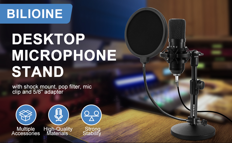 Підставка для мікрофона BILIONE з поп-фільтром та амортизатором, регульована, з адаптерами для настільного використання