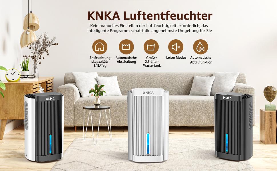 Електричний осушувач повітря KNKA, 1.1 л, тихий (28dB), для дому, ванної кімнати, підвалу, з автовимкненням та нічним режимом, кольорове підсвічування (білий), чорно-білий