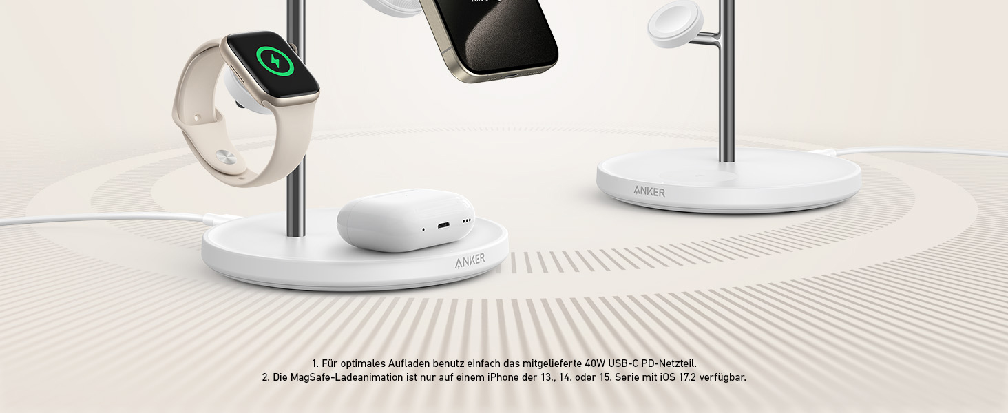 Anker MagGo Зарядна станція 3-в-1 бездротова, 15W, MagSafe, Qi2, для iPhone 16/15/14/13, AirPods Pro, Apple Watch Ultra (з USB-C адаптером та кабелем)