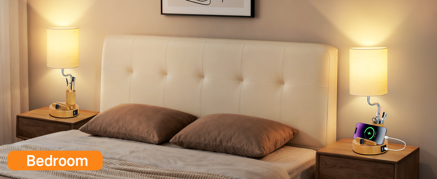 Настільна лампа LED OUTON 2 шт. з USB-A та USB-C, торшери для спальні, вітальні, офісу, з тримачем для телефону та ручок, кераміка, тепле світло 2700K