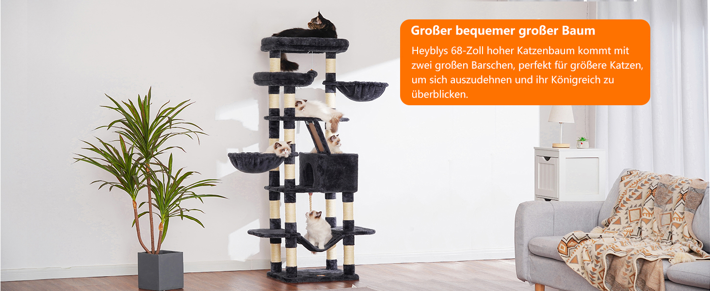 Багатоповерховий котячий будиночок Heybly Kratzbaum HCT025G, 173 см, з 16 стовпчиками для дряпання, 2 платформами, гамаком, печерею та іграшками