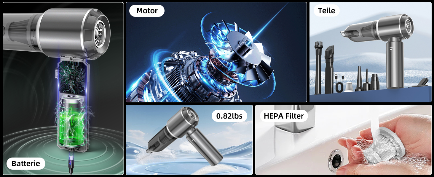 Портативний акумуляторний пилосос NVKHG 18000Pa з безщітковим мотором, 3 швидкості, для авто, дому, офісу, кухні, видалення шерсті тварин (сірий)