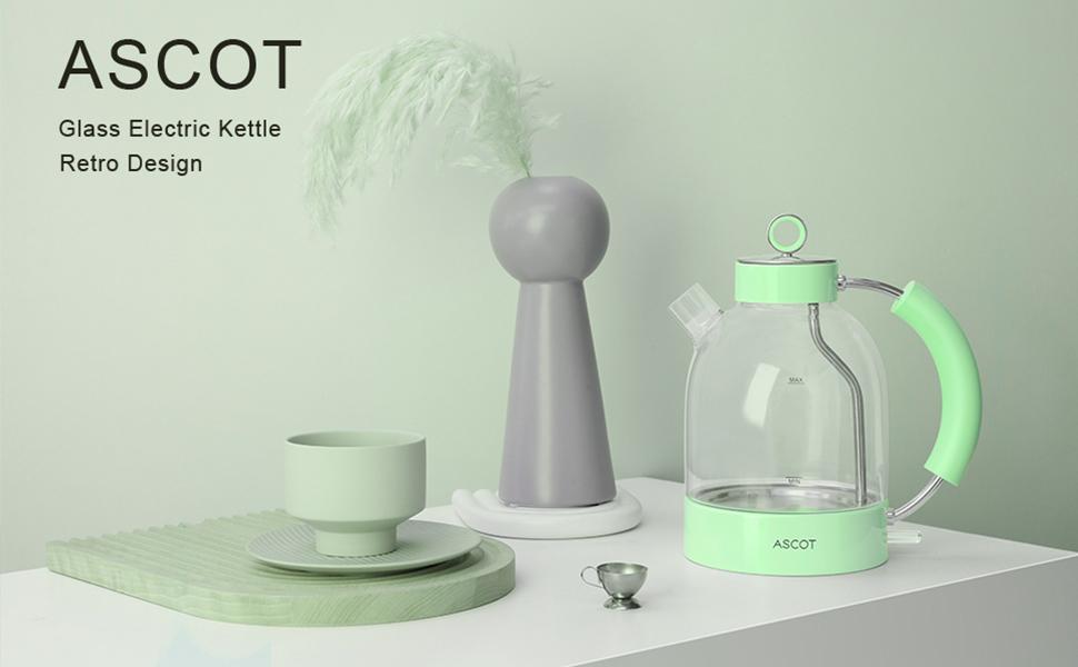 Електричний чайник ASCOT зі скла та нержавіючої сталі, 2200W, 1.5L, без BPA, тихий, швидкий, бездротовий, з захистом від сухого кипіння та автовимкнення, білий (світло-зелений)