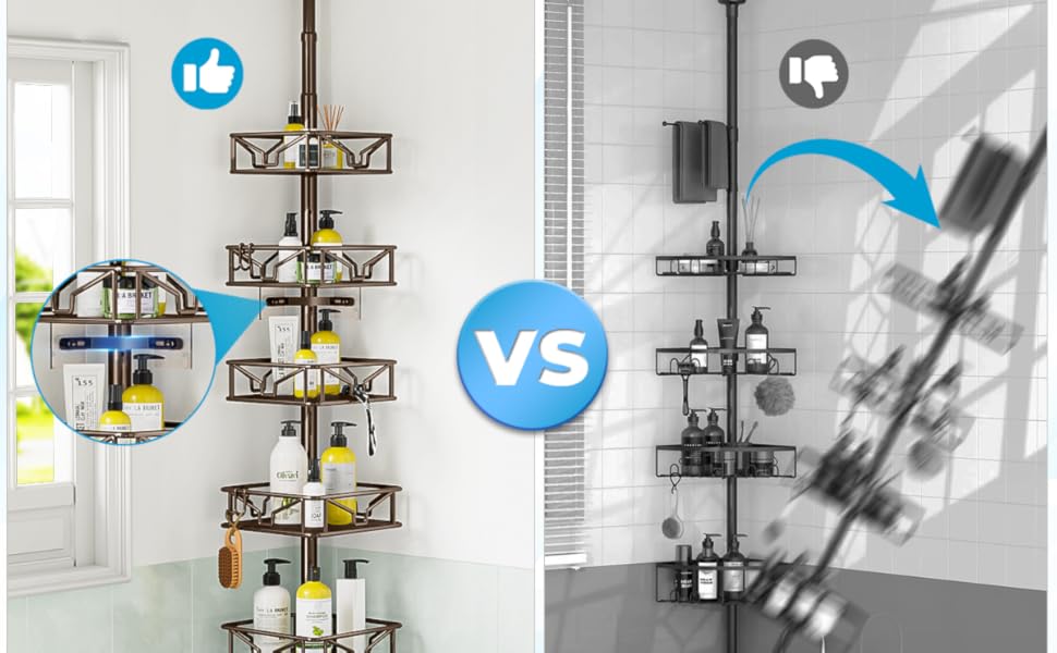 Телескопічна поличка для душу Bomclap з 5 кошиками, кутова, металева, чорна. Регульована висота 106-287 см, без свердління.