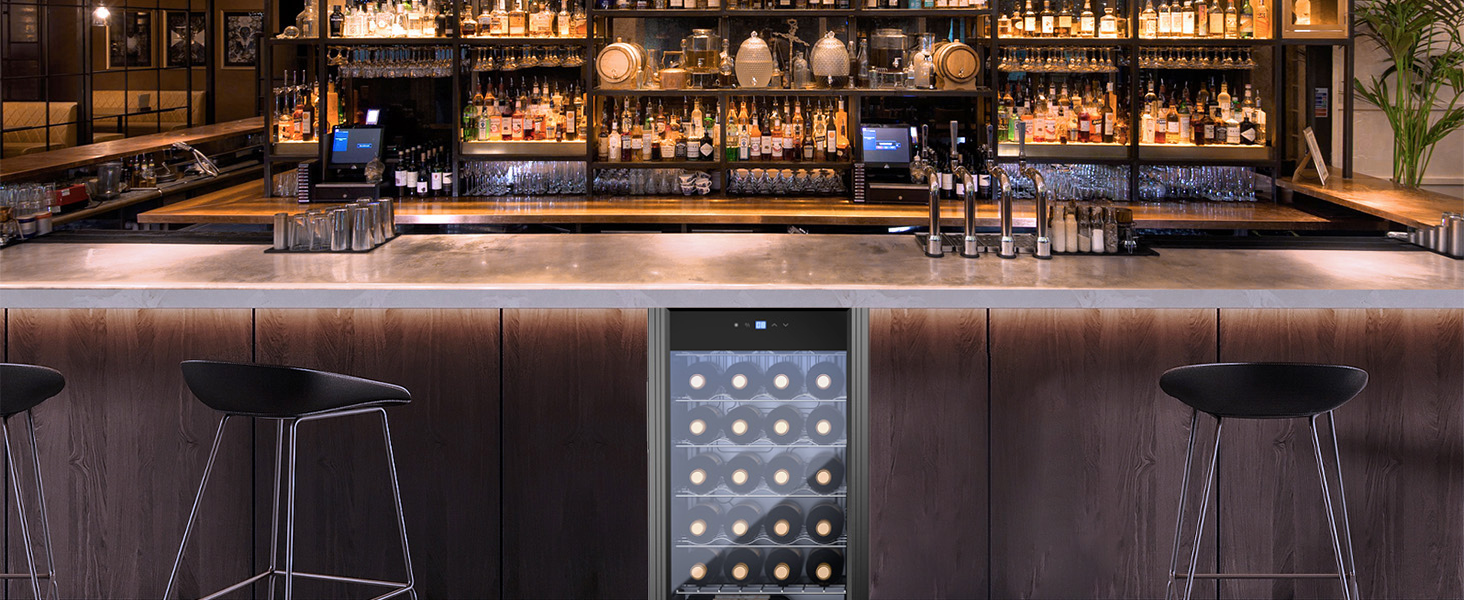 WIE 33 Liter Wine Fridge - 1 Zone Mini Wine Cooler with Glass Door & LED Touch Panel - Anti-UV Wine Storage for 28 Bottles