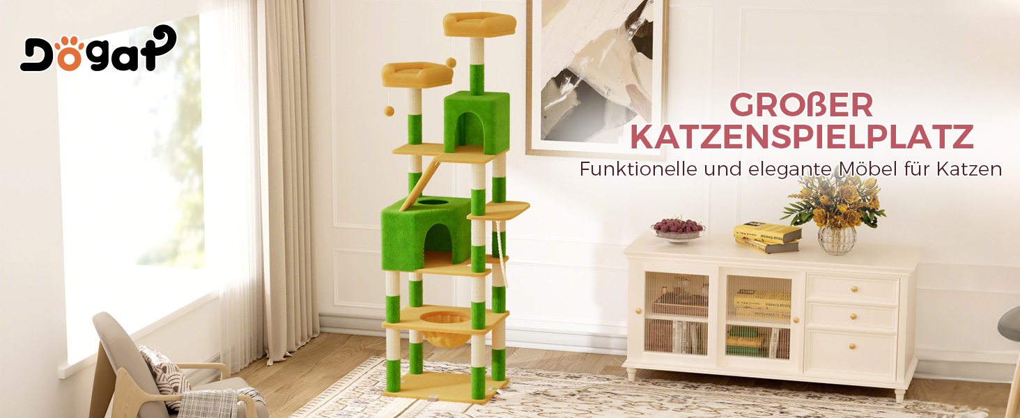 Великий котячий комплекс Kratzbaum 208 см з 3 анти-нахилом, 15 стовпчиками для дряпання, 2 платформами, 2 ховалами, 1 рампою для дряпання та гамаком. Стабільний котячий будиночок для великих котів (зелений + жовтий)