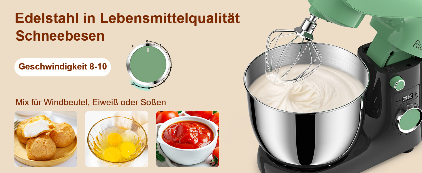 Кухонна машина/міксер Facelle 1500W з 5.5L та 4.5L чашами, 10+ програм, тиха робота, з набором насадок (зелено-сірий)