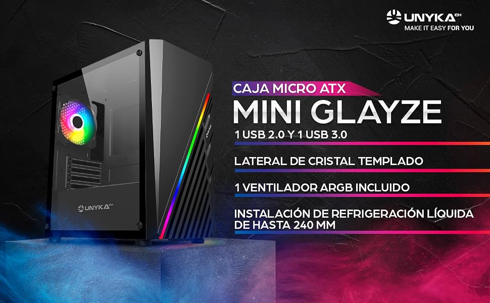 Ігровий корпус для ПК UNYKA GLAYZE Micro ATX, ARGB підсвітка, загартоване скло, 120мм ARGB вентилятори, USB 3.0/2.0