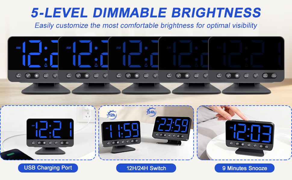 Цифровий будильник з LED-дисплеєм та RGB-підсвіткою, потужний сигнал 30-110 дБ для міцного сну, USB-порт, функція Snooze, настільний годинник (Синій)