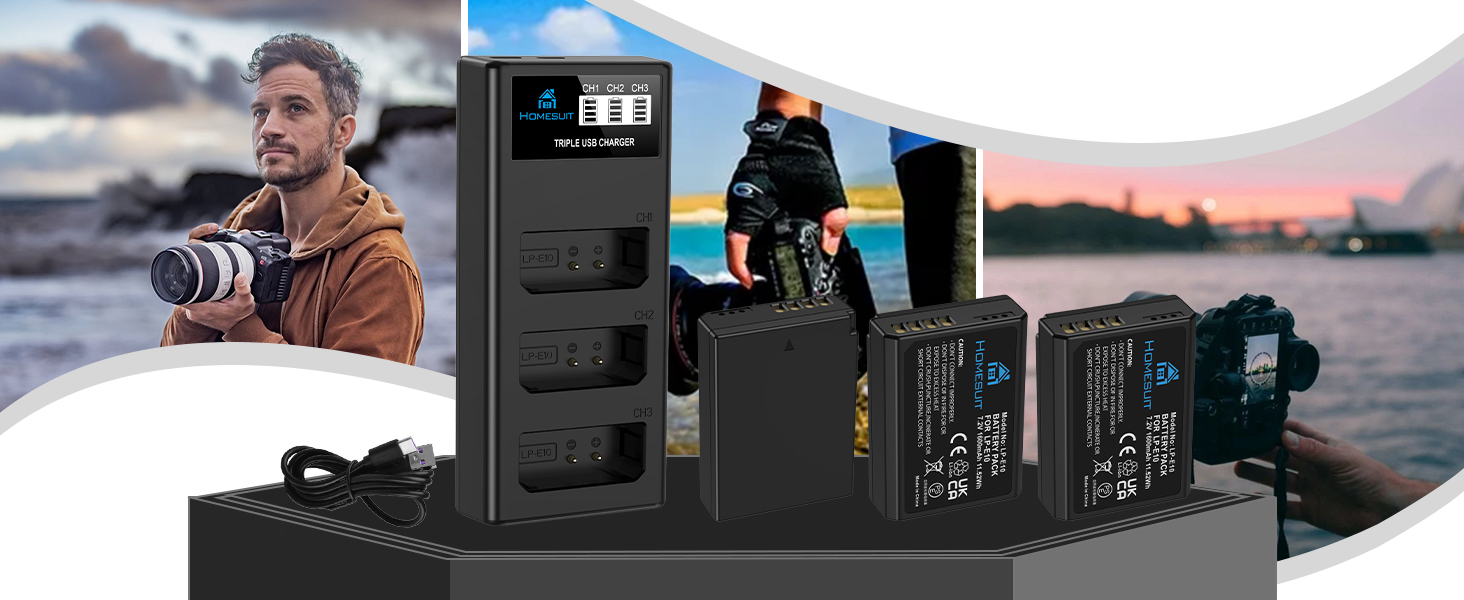 Акумулятор LP-E10 1600mAh Homesuit + LED зарядний пристрій для Canon EOS 1100D, 1200D, 1300D, 2000D, Rebel T3, T5, T6, T7, Kiss X50, Kiss X70 (2 шт. акумулятори + 1 зарядний пристрій)