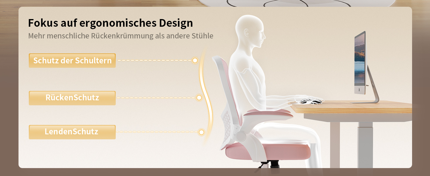Офісний стіл Naspiro Ergonomischer Bürostuhl з регульованими підлокітниками 90°, підтримкою попереку, дихаючою сіткою та рожевим кольором (без підголівника)