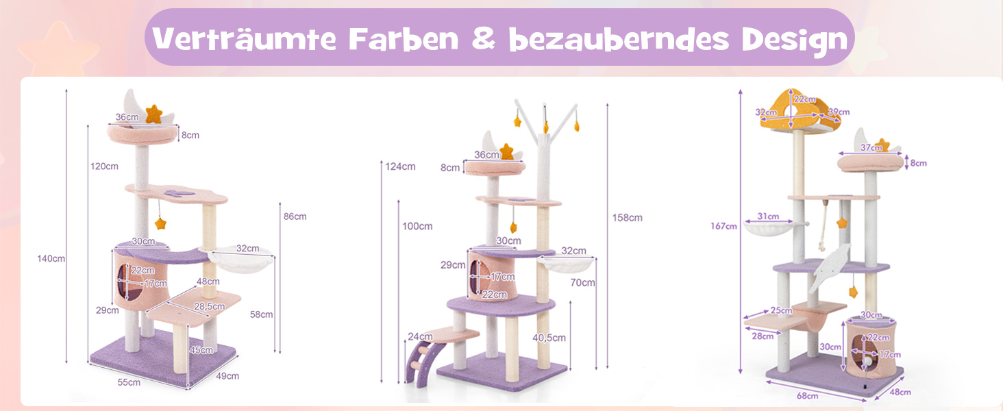 Дерев'яний кігтеточка для котів Costway з будиночком, гамаком та мотузкою, активний комплекс для котів, фіолетово-рожевий (48x68x167см)