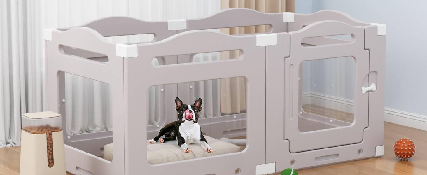 Клітка для цуценят з акрилу 60 см, 7 шт. + 1 вольєр для собак з дверцятами, без решіток, для дому, з присосками, прозора, теплий сірий (5+1)