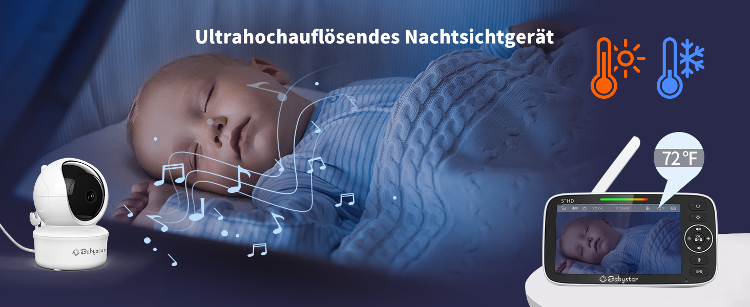 Дитячий відеоняня Babystar з камерою, 5 дюймів, 720P HD, без Wi-Fi, акумулятор 4000 mAh, Vox-функція, датчик температури, нічне бачення, 2-сторонній аудіо