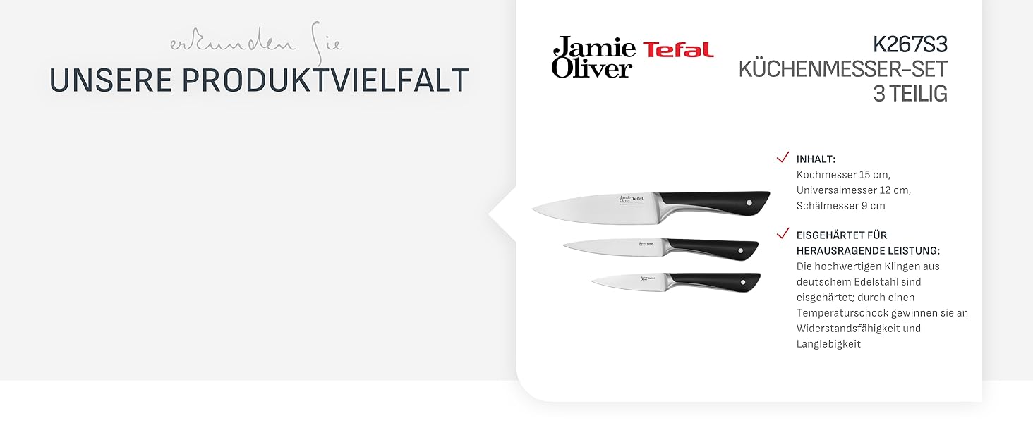Набір ножів кухонних Jamie Oliver by Tefal (5 предметів) + блок: шеф-ніж, сантоку, для хліба, універсальний, овочечистка. Німецька сталь, акація, коричневий K267S556