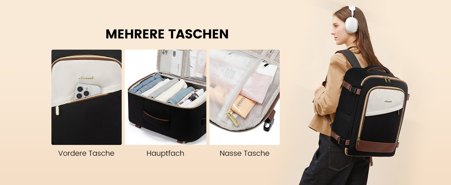 Рюкзак для ручної поклажі LOVEVOOK 45x36x20, 32L, чорний. Підходить для Ryanair, Eurowings, Wizz Air. З антикрадіжною кишенею.