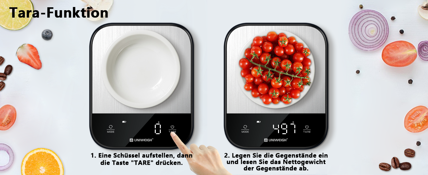 Кухонні ваги UNIWEIGH: цифрова вага для продуктів, грам/унція, випічка, приготування їжі, LED дисплей, функція тарування, нержавіюча сталь, чорний колір