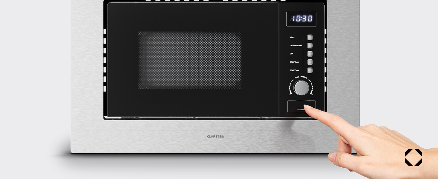 Мікрохвильова піч Klarstein Verosteel вбудована 60 см з грилем – 20L, 700W, 8 програм, сенсорне керування, нержавіюча сталь, функція розморожування, LED-підсвічування