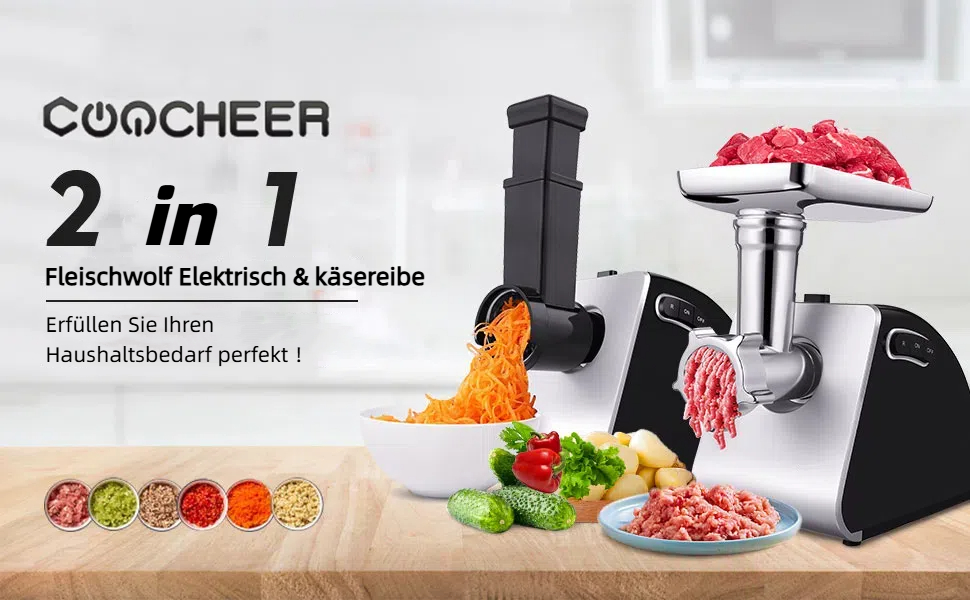 М'ясоподрібнювач електричний COOCHEER 2000W з 3-ма дисками та насадкою для ковбас (чорний)