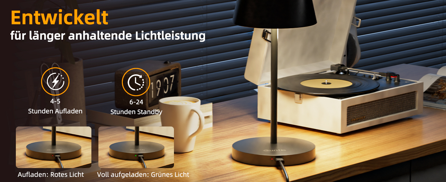 LED-лампа Quntis настільна бездротова, торкання, регулювання яскравості, акумулятор, USB зарядка, 3000K-5000K, 3 колірні температури, IP44, вологостійка, для дому та вулиці, чорна - 2 шт.