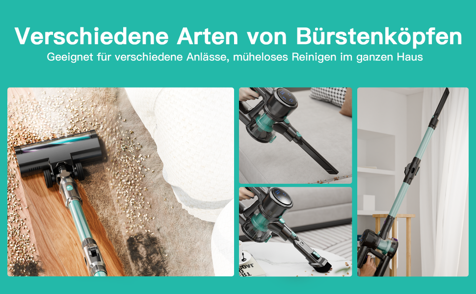 Бездротовий акумуляторний пилосос 28KPa з LED-дисплеєм, антизаплутана щітка, змінний акумулятор, вертикальний пилосос для твердих поверхонь, килимів та шерсті тварин (зелений)