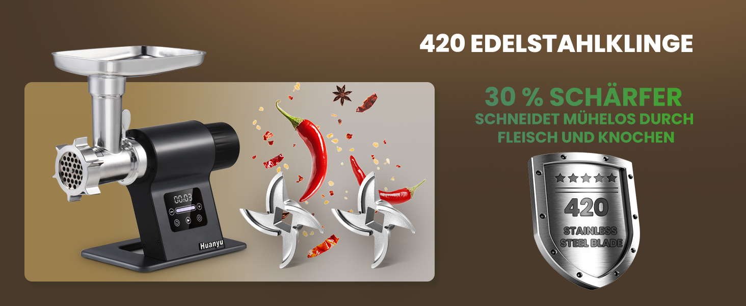 М'ясорубка електрична Huanyu 2000 Вт з сенсорним керуванням, багатофункціональна з 2 ножами та 3 дисками